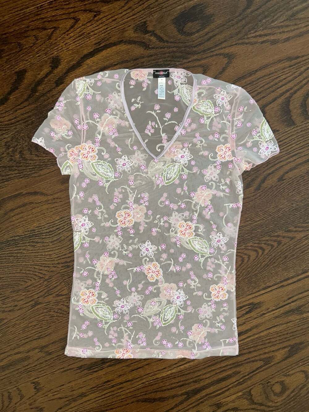 Cosabella Floral Print Short Sleeve Mesh V-Neck Top
